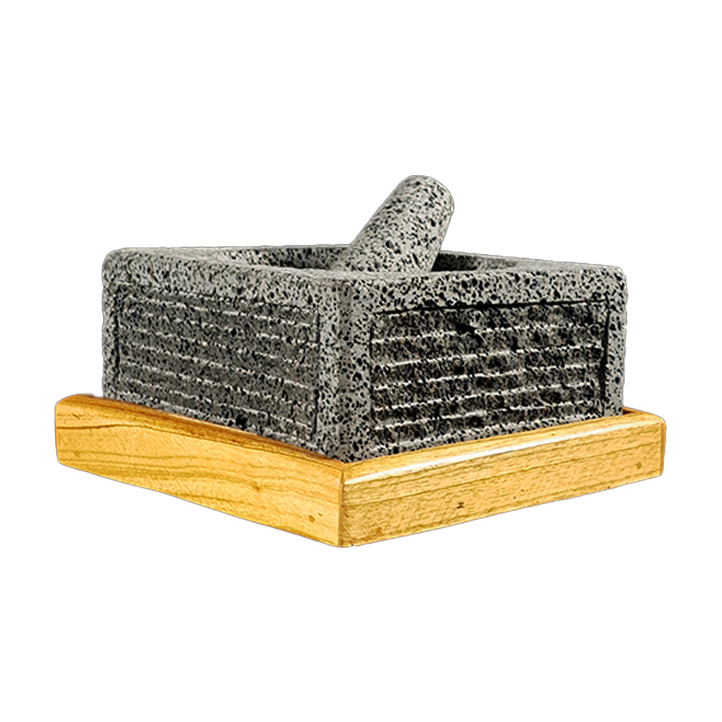 Molcajete Cuadrado de 8 Pulgadas Con Base de Madera