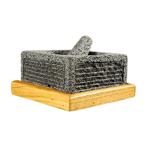 [MCBM8] Molcajete Cuadrado de 8 Pulgadas Con Base de Madera